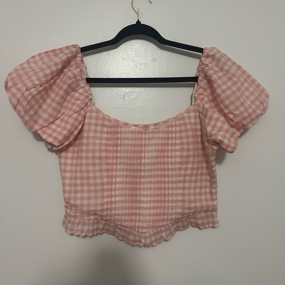 LoveShackFancy Pink Gingham Puff Sleeve Top